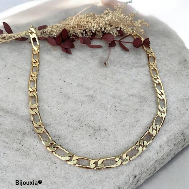 Chaîne 7MM x 60CM Maille Figaro Diamantée 1-1 Plaqué Or 18 carats Bijoux Homme