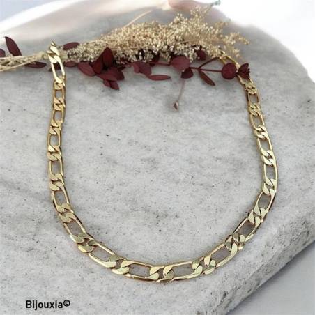Chaîne 7MM x 60CM Maille Figaro Diamantée 1-1 Plaqué Or 18 carats Bijoux Homme