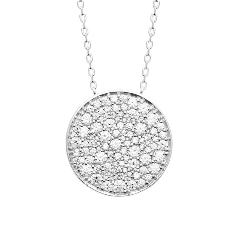 Collier Pendentif Rond Pavé Oxyde de Zirconium Argent Massif 925/000 Rhodié