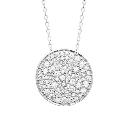 Collier Pendentif Rond Pavé Oxyde de Zirconium Argent Massif 925/000 Rhodié