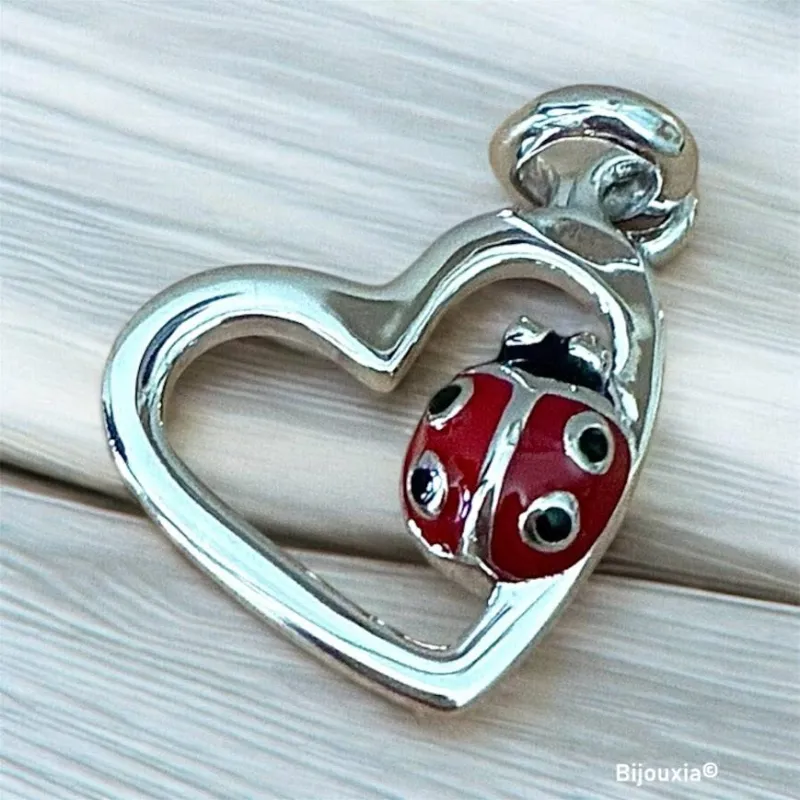 Pendentif Coeur Coccinelle En Argent Massif 925/000 Bijoux Enfant