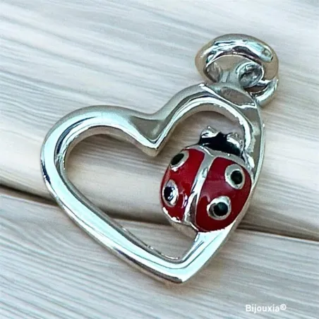 Pendentif Coeur Coccinelle En Argent Massif 925/000 Bijoux Enfant