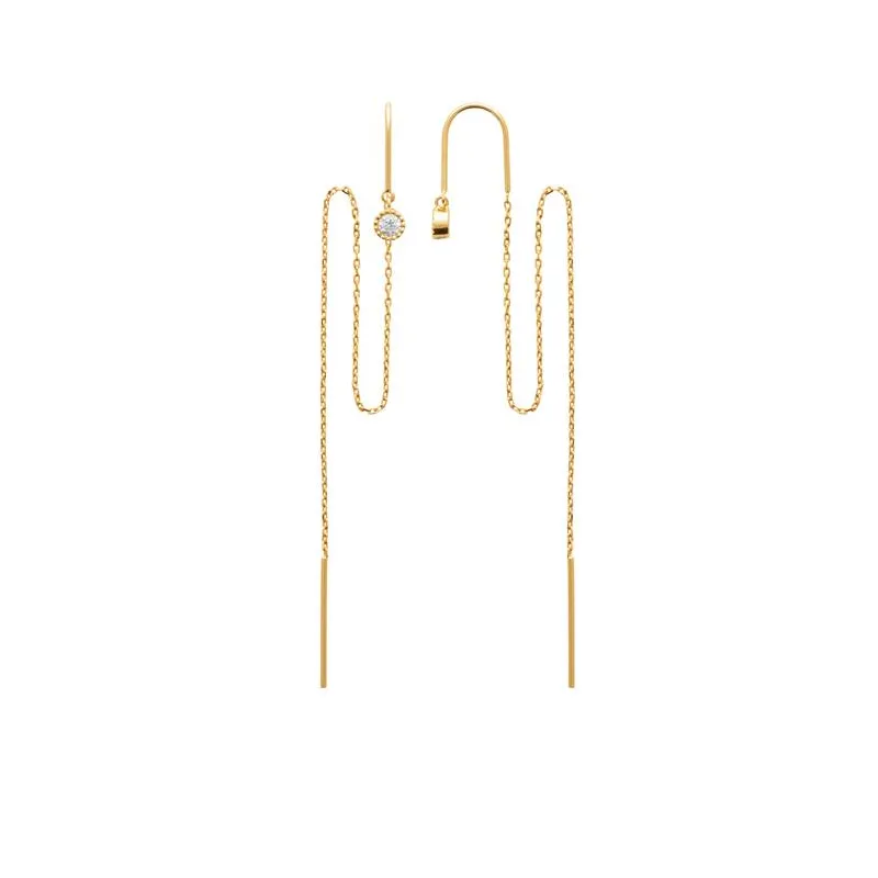 Boucles D'oreilles Chaîne Traversante Double Passage Cristal Rond En Plaqué Or 18 Carats