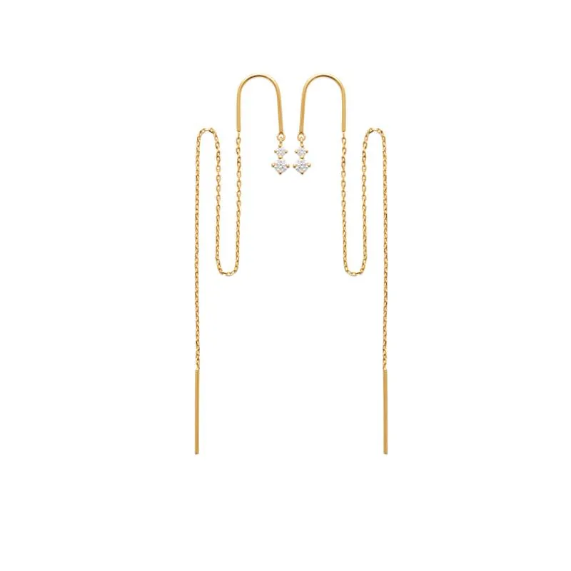 Boucles D'oreilles Chaîne Traversante Double Passage Cristaux zirconium En Plaqué Or 18 Carats