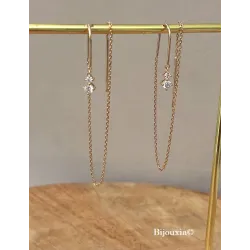 Boucles D'oreilles Chaîne Traversante Double Passage Cristaux zirconium En Plaqué Or 18 Carats