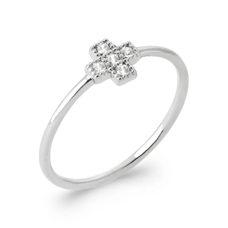 Bague Croix Sertie Zirconium en Argent Massif 925/1000 Rhodié T50 à 60
