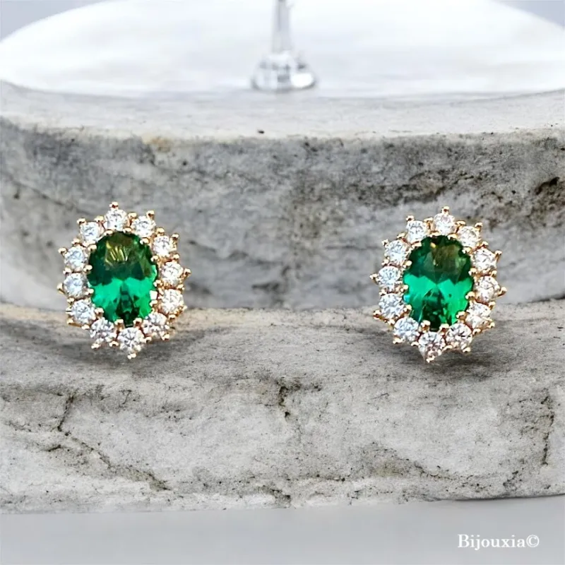 Boucles D'oreilles Marquise Émeraude Zirconium Plaqué Or 18 CARATS 750/1000
