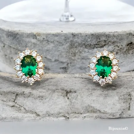 Boucles D'oreilles Marquise Émeraude Zirconium Plaqué Or 18 CARATS 750/1000