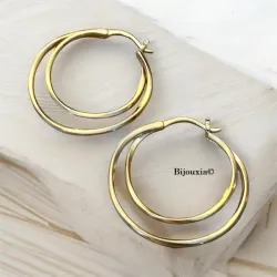 Boucles D'oreilles Créoles Double Anneaux En Plaqué Or 18 Carats 750/000