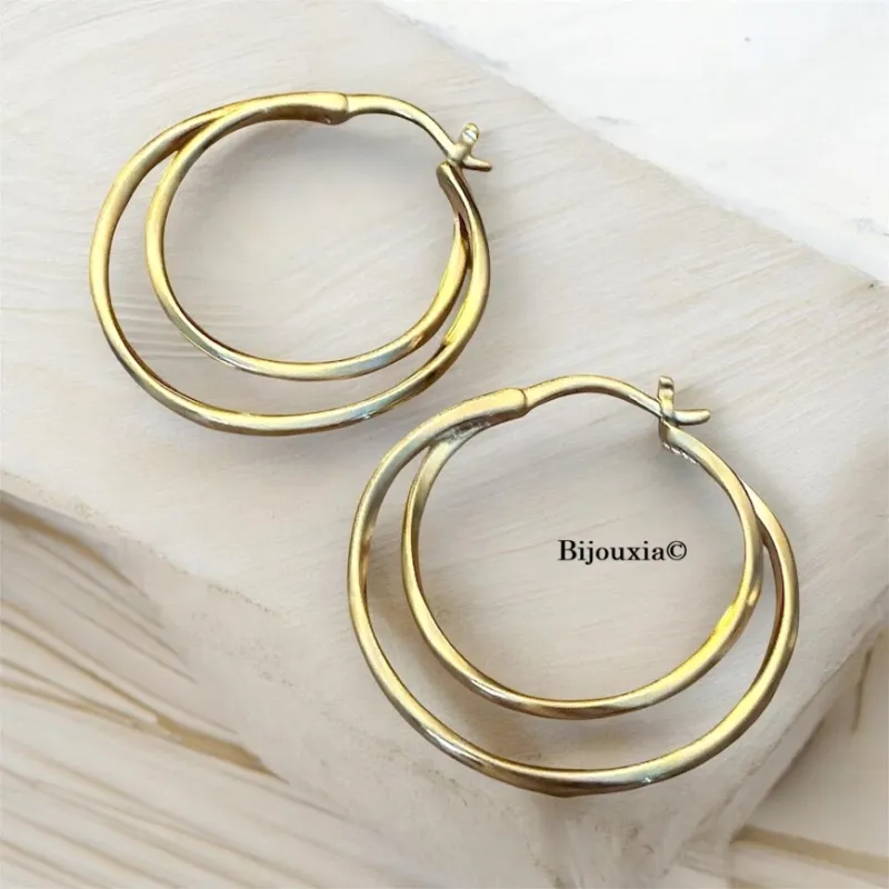 Boucles D'oreilles Créoles Double Anneaux En Plaqué Or 18 Carats 750/000