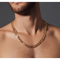 Chaîne 8MM x 60CM Maille Figaro Diamantée 1-3 Plaqué Or 18 Carats Homme
