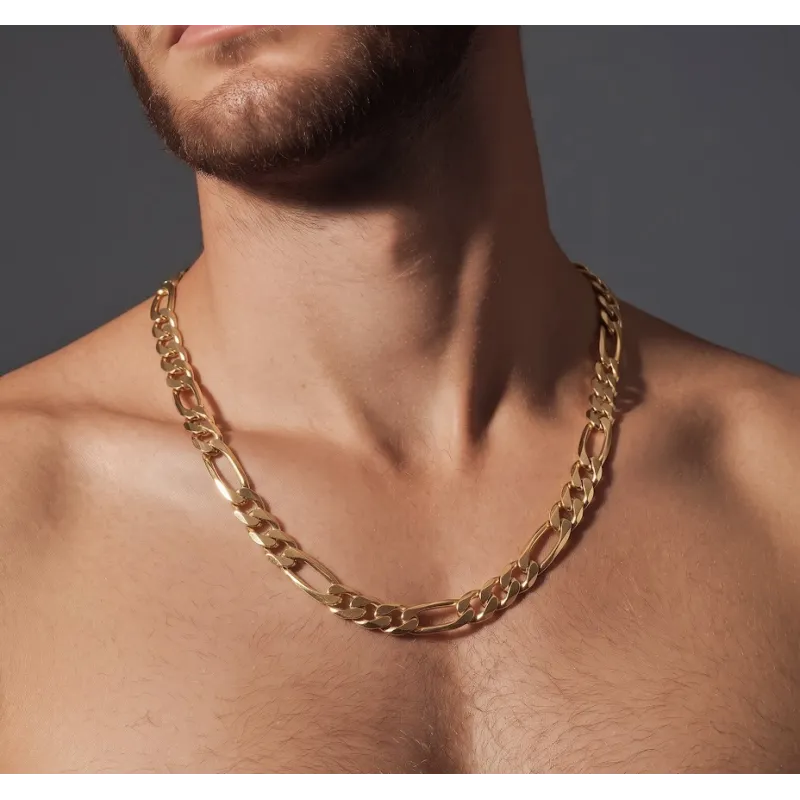 Chaîne 8MM x 55CM Maille Figaro Diamantée 1-3 Plaqué Or 18 Carats Homme