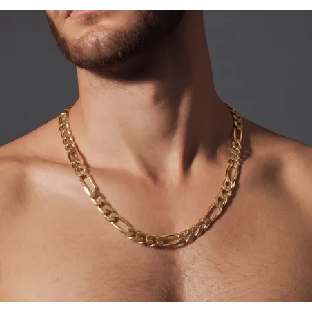 Chaîne 8MM x 55CM Maille Figaro Diamantée 1-3 Plaqué Or 18 Carats Homme