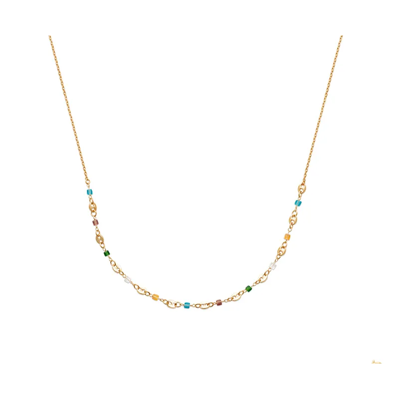 Collier Perles de Cristal Multicolore & Grains de Café En Plaqué Or 18 Carats 750/000