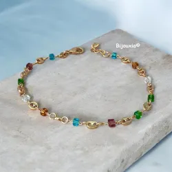 Bracelet Perles de Cristal Multicolore Et Grains de Café En Plaqué Or 18 Carats