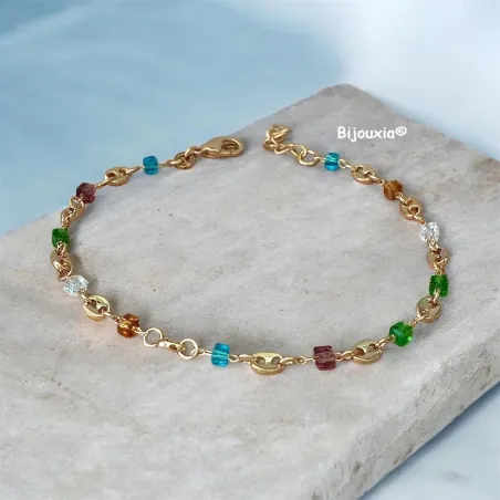 Bracelet Perles de Cristal Multicolore Et Grains de Café En Plaqué Or 18 Carats
