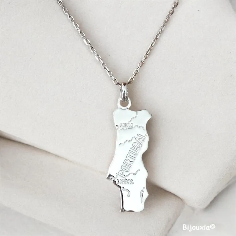 Pendentif Carte Portugal En Argent Massif 925/1000 Bijoux NEUF HOMME/FEMME