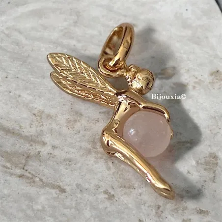 Pendentif Fée Plaqué Or 18 CARATS et Boule De Quartz Rose