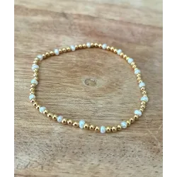 Bracelet Elastique Boules Dorés Et Perles D'eau Douce Plaqué Or 18K 750/000