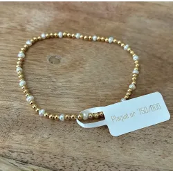 Bracelet Elastique Boules Dorés Et Perles D'eau Douce Plaqué Or 18K 750/000