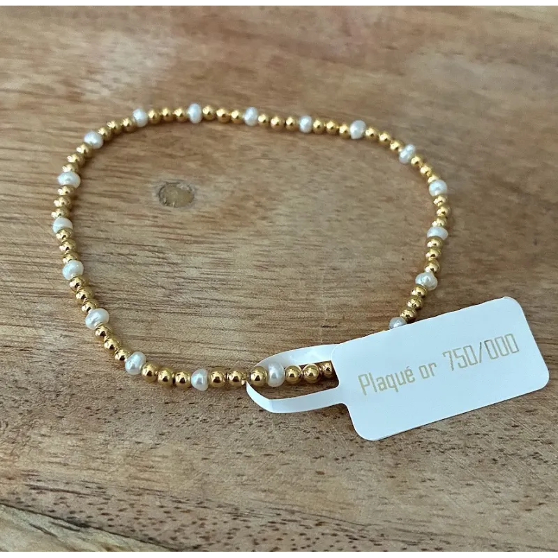 Bracelet Elastique Boules Dorés Et Perles D'eau Douce Plaqué Or 18K 750/000