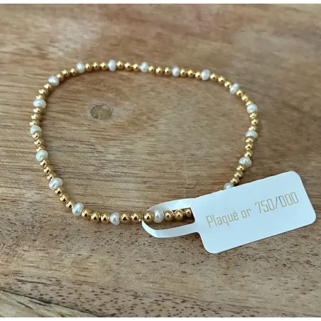 Bracelet Elastique Boules Dorés Et Perles D'eau Douce Plaqué Or 18K 750/000