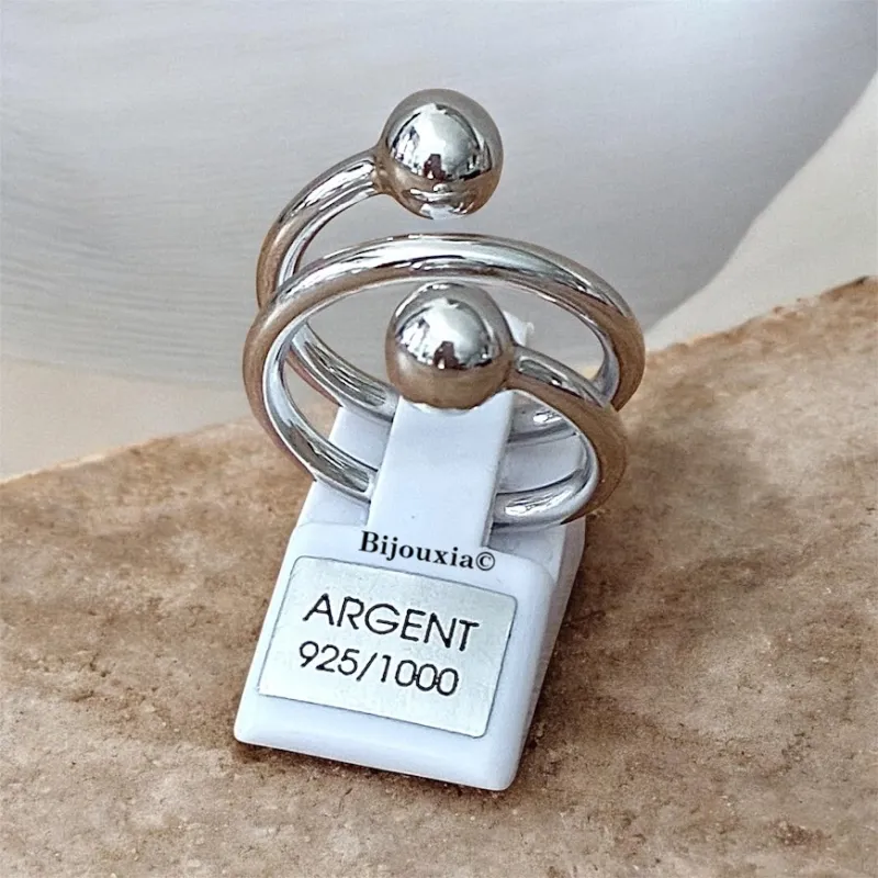 Bague Double Boules Triple Rangs En Argent Massif Rhodié 925/000 Tailles 50 à 60