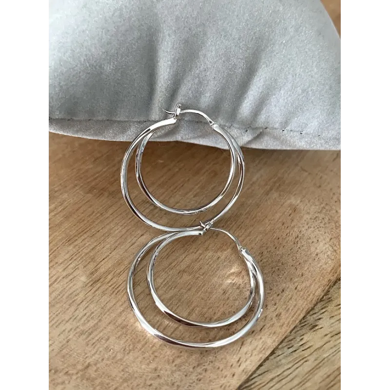Boucles D'oreilles Créoles Double Anneaux En Argent 925/1000 Rhodié