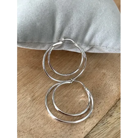 Boucles D'oreilles Créoles Double Anneaux En Argent 925/1000 Rhodié