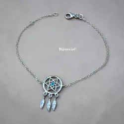 Bracelet Attrape Rêve Pierre Turquoise Argent Massif 925/000  Bijoux Femme