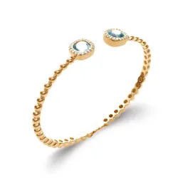 Bracelet Jonc Solitaire Pierre Bleu Aigue Marine Plaqué or 18 Carats 750/1000