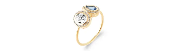 Bague Double Pierre de Cristal Blanc&Bleu En Plaqué or 18 Carats 750/000