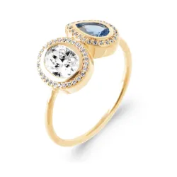 Bague Double Pierre de Cristal Blanc&Bleu En Plaqué or 18 Carats 750/000