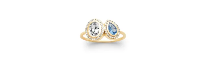 Bague Double Pierre de Cristal Blanc&Bleu En Plaqué or 18 Carats 750/000