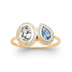 Bague Double Pierre de Cristal Blanc&Bleu En Plaqué or 18 Carats 750/000