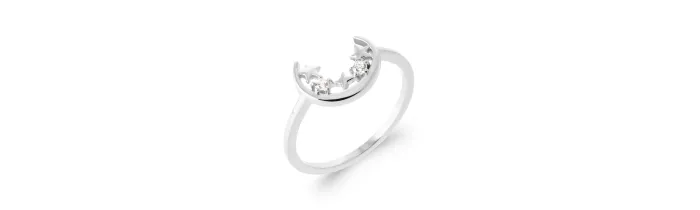 Bague Croissant de Lune Cristal de Zirconium et Étoiles En Argent 925/000 Rhodié