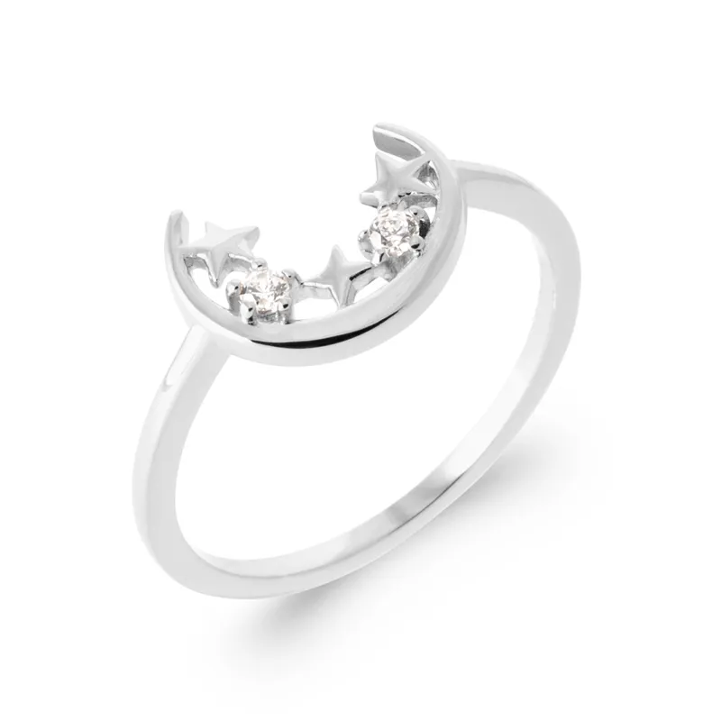 Bague Croissant de Lune Cristal de Zirconium et Étoiles En Argent 925/000 Rhodié