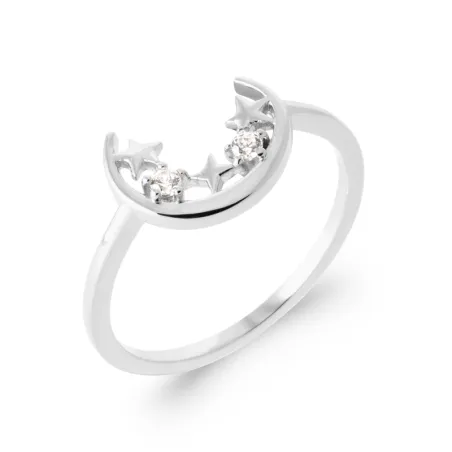 Bague Croissant de Lune Cristal de Zirconium et Étoiles En Argent 925/000 Rhodié
