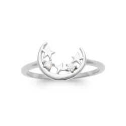 Bague Croissant de Lune Cristal de Zirconium et Étoiles En Argent 925/000 Rhodié