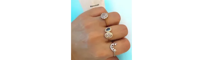 Bague Double Pierre de Cristal Blanc&Bleu En Plaqué or 18 Carats 750/000