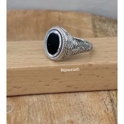 Bague Chevalière Homme Cabochon Agate Noire Argent 925 Vieilli Tailles 58 à 66