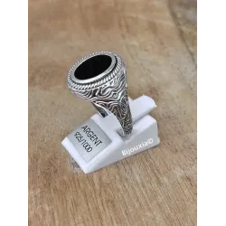 Bague Chevalière Homme Cabochon Agate Noire Argent 925 Vieilli Tailles 58 à 66