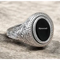 Bague Chevalière Homme Cabochon Agate Noire Argent 925 Vieilli Tailles 58 à 66