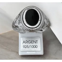 Bague Chevalière Homme Cabochon Agate Noire Argent 925 Vieilli Tailles 58 à 66