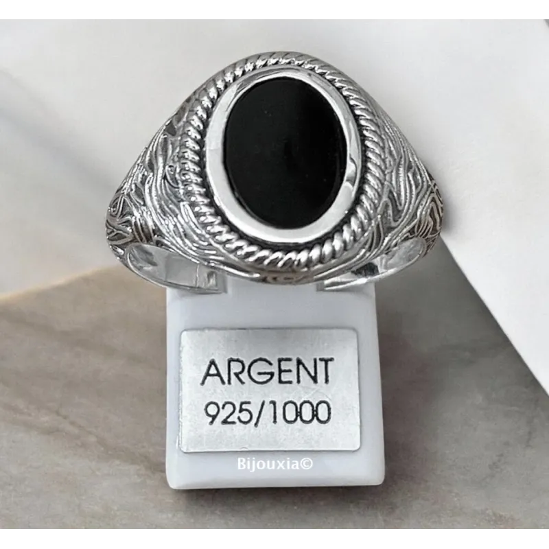 Bague Chevalière Homme Cabochon Agate Noire Argent 925 Vieilli Tailles 58 à 66