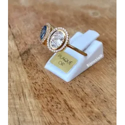 Bague Double Pierre de Cristal Blanc&Bleu En Plaqué or 18 Carats 750/000