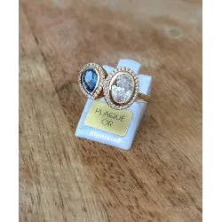 Bague Double Pierre de Cristal Blanc&Bleu En Plaqué or 18 Carats 750/000