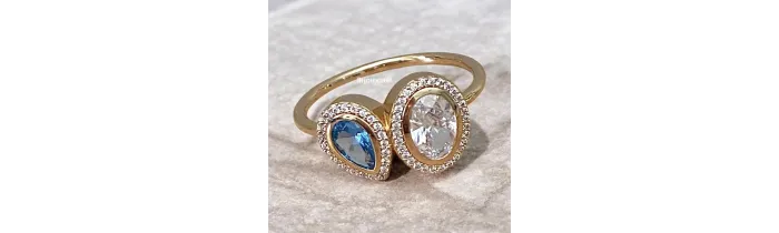Bague Double Pierre de Cristal Blanc&Bleu En Plaqué or 18 Carats 750/000