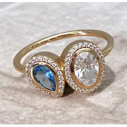 Bague Double Pierre de Cristal Blanc&Bleu En Plaqué or 18 Carats 750/000