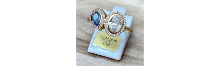 Bague Double Pierre de Cristal Blanc&Bleu En Plaqué or 18 Carats 750/000